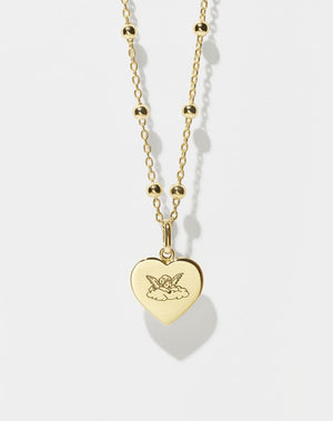 Sweetheart Charm with Cherub Engraving on Ball Chain | 9ct Solid Gold