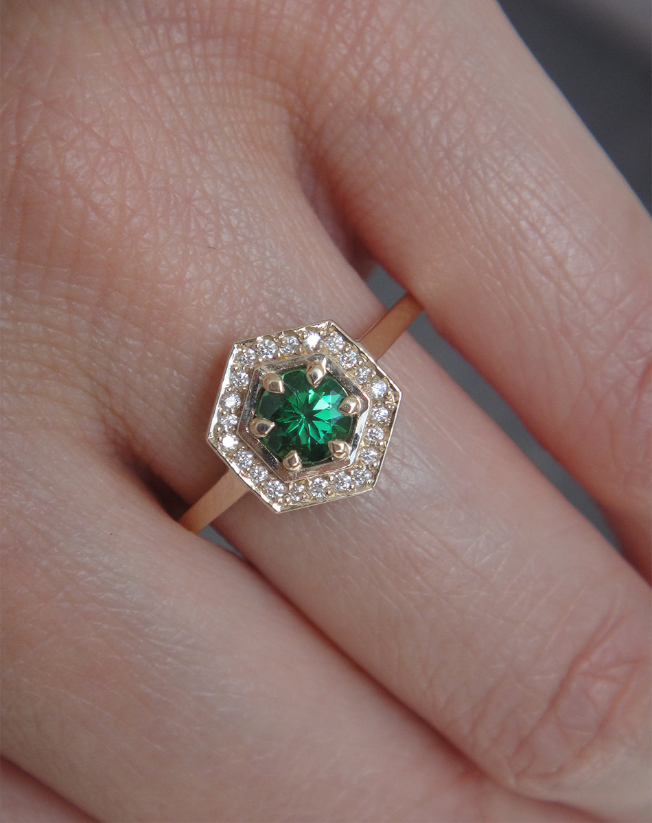 Hex Engagement Ring 0.5ct - Tsavorite Garnet with White Diamond